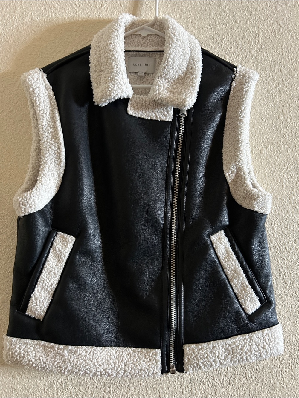 Love Tree Black Faux Leather Vest with Cream Sherpa Trim and Asymmetrical Zip
